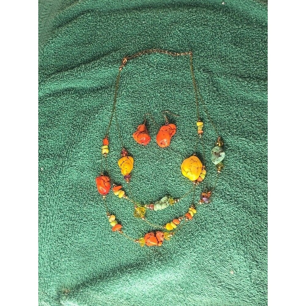 Faux Turquoise Coral Boho Necklace And Earring Chipped Multi Strand Dyed Howlite